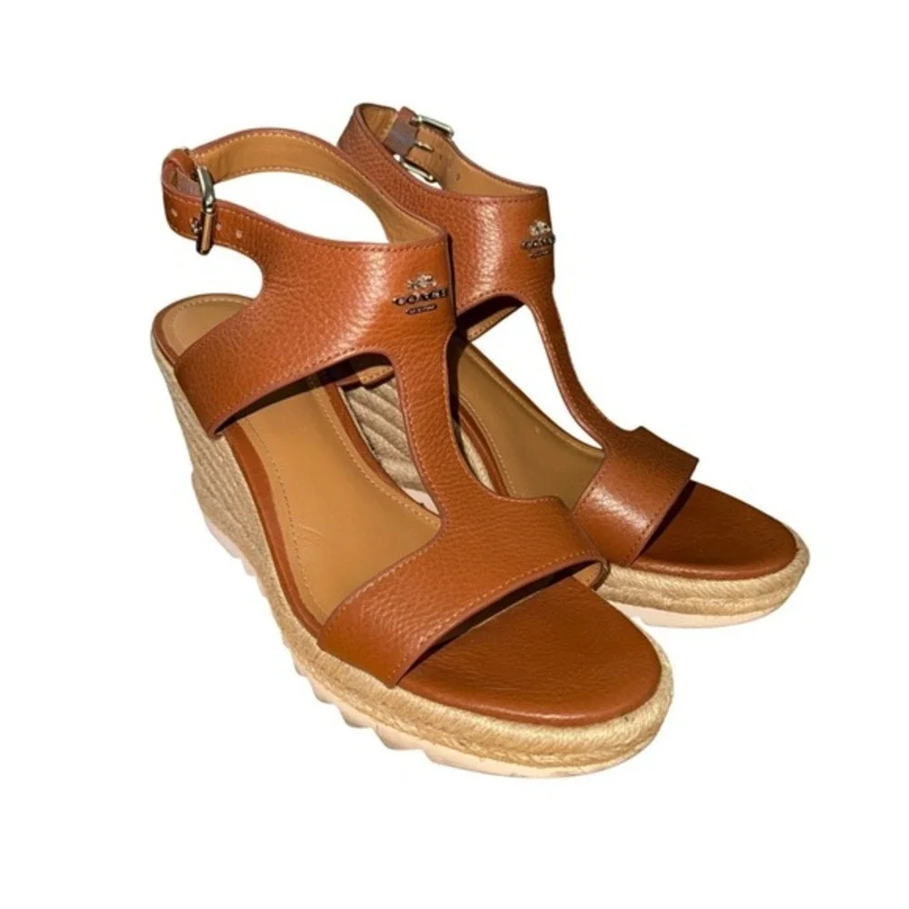 Coach Leeanne Sandal Women 7.5M Pre-Owned Wedge Brown Pebbled Leather Espadrille